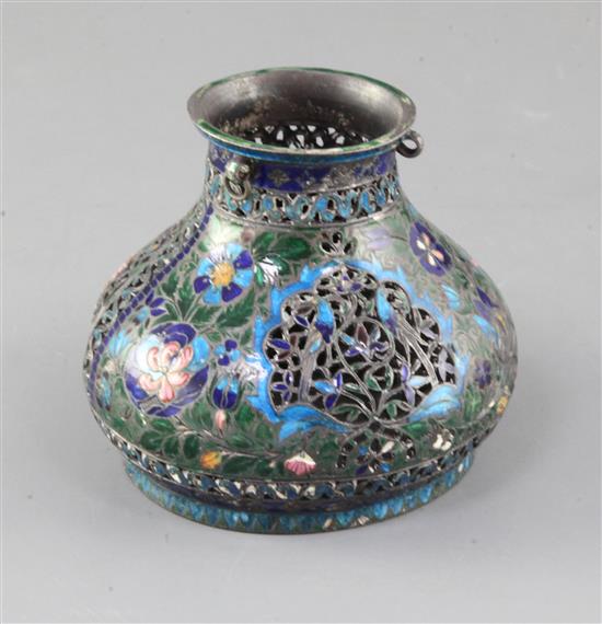 A Persian white metal and enamel shade, late 19th century, height 9cm, enamel losses